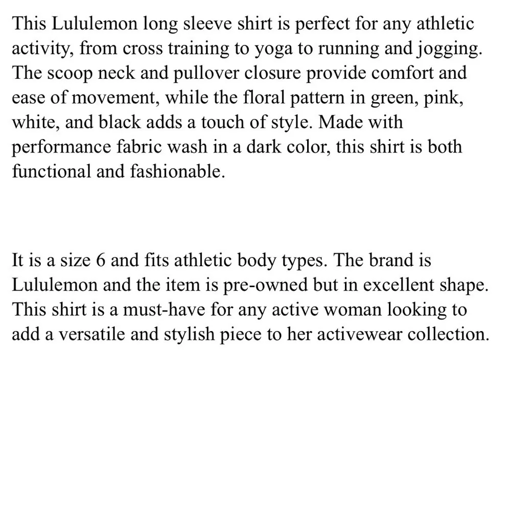 Lululemon Long Sleeve Scoop Neck Floral Rose Green Pink White Black Shirt Sz 6 - Picture 7 of 7